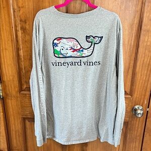 Vineyard Vines Gray Long Sleeve Tee with Multicolor Whale Logo